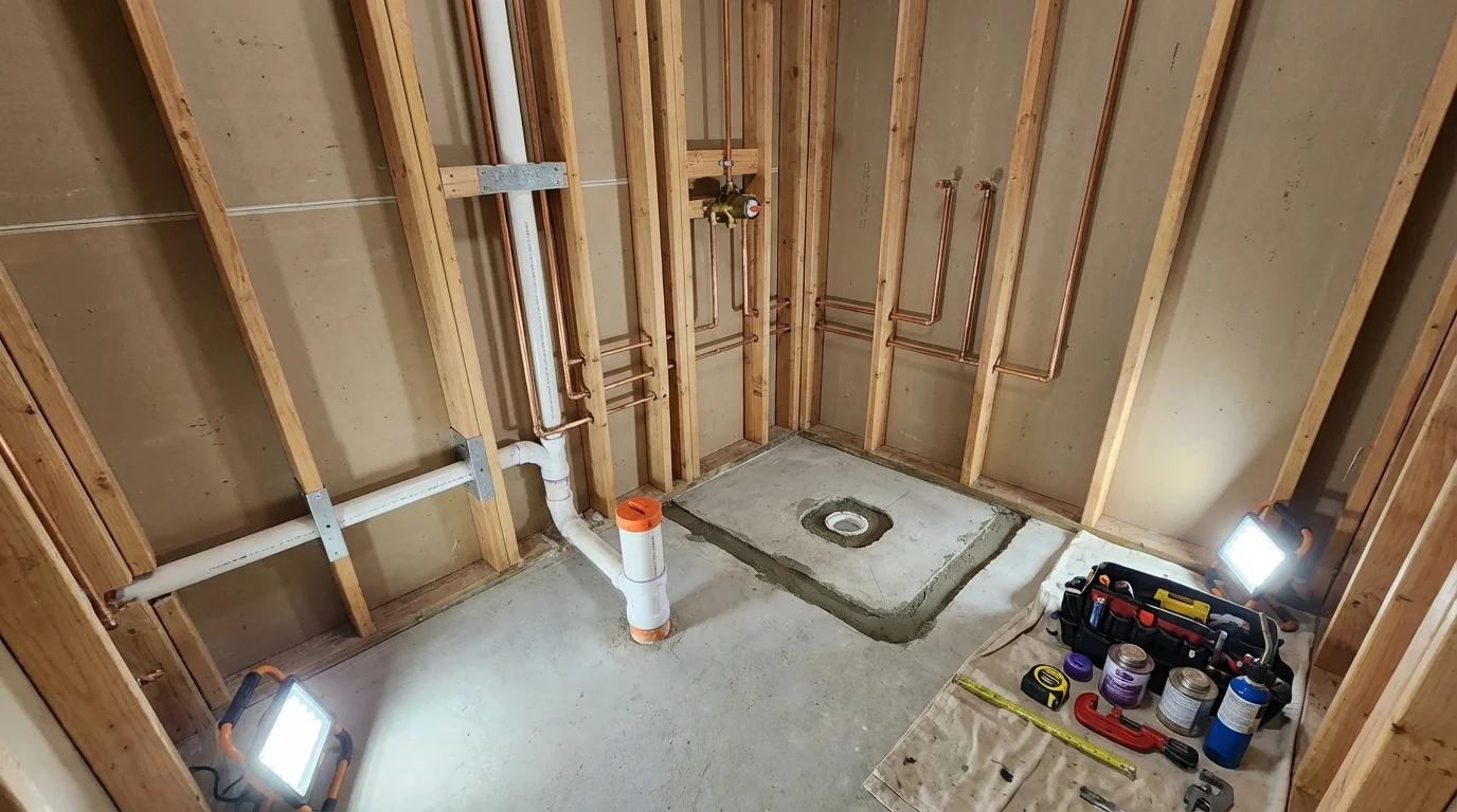 Bathroom rough-in plumbing during remodel by Johns Plumbing LLC in Pine Plains