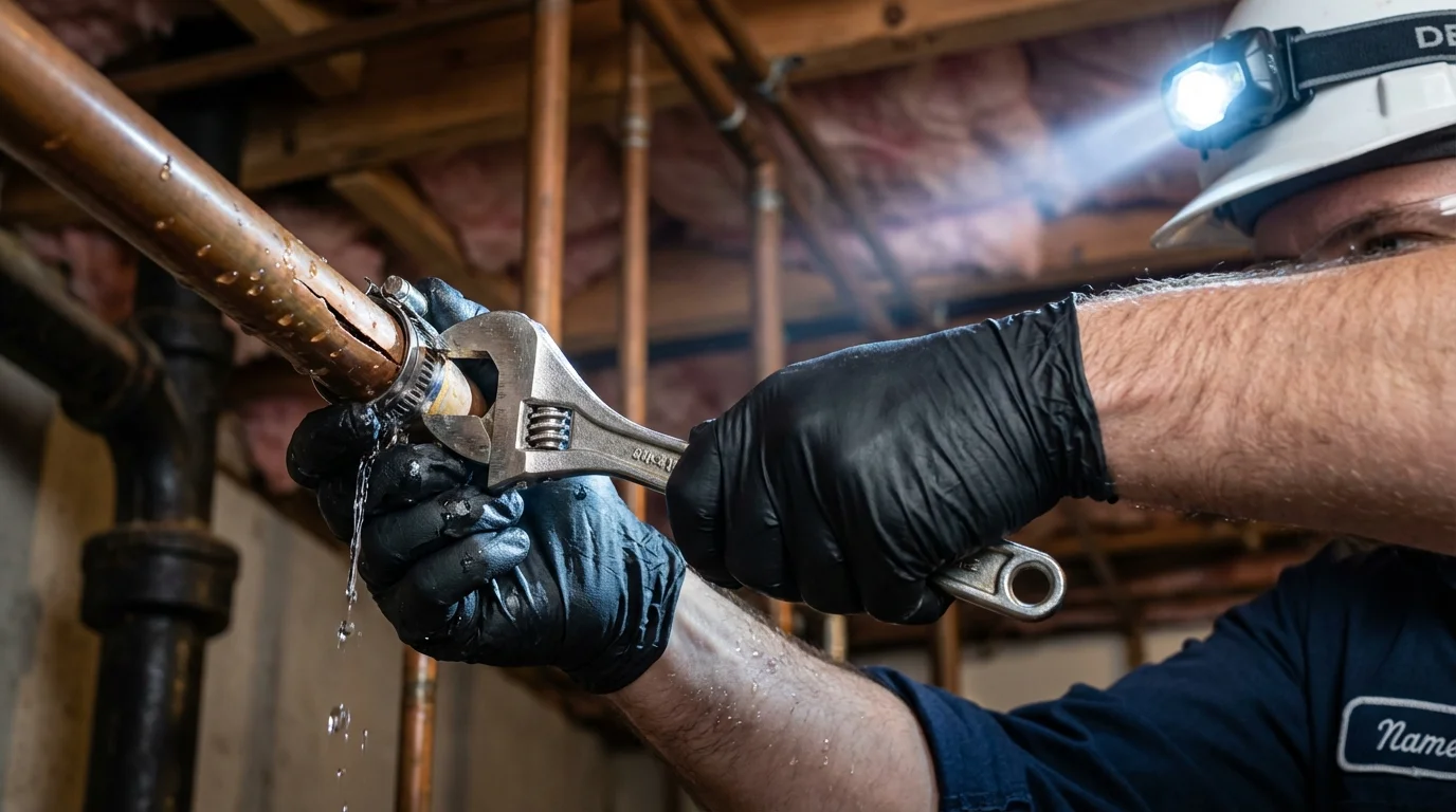 Emergency pipe clamp repair being performed by a Johns Plumbing LLC plumber in Pine Plains